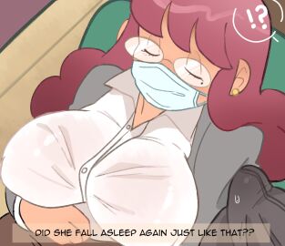 !? 1boy 1girls asskoh big_breasts breasts bulge bulge_rubbing bulge_through_clothing bus bus_interior closed_eyes clothing comic comic_page earrings english_text face_mask fake_sleep female fully_clothed glasses huge_breasts long_hair male mask mature_female milkypuff mole mole_under_eye molestation older_female_and_younger_male pretending pretending_to_sleep public red_hair sleep_molestation tagme text unseen_male_face