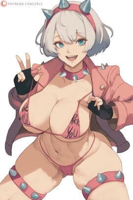 1girls big_breasts bikini black_gloves blue_eyes breasts elphelt_valentine female fingerless_gloves gloves guilty_gear guilty_gear_strive hairband headband highres jacket large_breasts long_sleeves looking_at_viewer navel necklace open_mouth pink_bikini pink_jacket pink_theme pussy short_hair smile solo solo_female spiked_hairband spiked_headband spiked_necklace swimsuit teeth thick_thighs thighs upper_teeth visible_pussy white_hair zelc-face