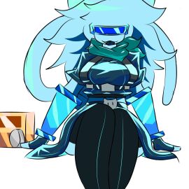 1girls :3 :3p :p anthro anthrofied armlet belt belt_buckle black_clothing blue_body blue_clothing blue_fur blue_hair blue_skin breasts buckle cat_ears clothing cyan_clothing digital_media_(artwork) facing_viewer fangs felid feline felis female female_focus filibuster_obstructa fingerless_gloves front_view genderswap genderswap_(mtf) glasses glistening gloves hands_on_floor hi_res hips_wider_than_shoulders legs_together legwear liketosaye long_hair long_tail metafilibuster oerba_yun_fang robe rule_63 scarf shaded simple_background sitting solo solo_female solo_focus stockings tail teal_body teal_fur teal_hair teal_skin the_battle_cats thick_thighs thighhighs tights underass visor white_background wide_hips