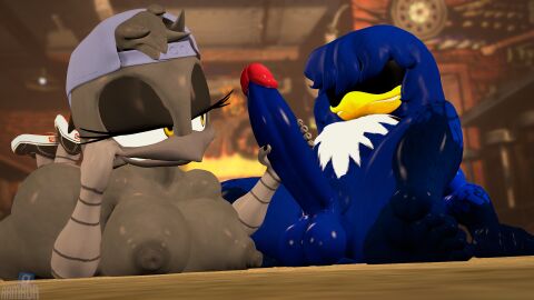 3d_(artwork) accipitrid accipitriform anthro armada_(artist) ass avian backwards_hat balls bar beak bedroom_eyes big_ass big_butt big_penis bird blue_body breasts clothed clothing corvid corvus_(genus) crow digital_media_(artwork) duo erection eyelashes fan_character feathers feet_up female footwear garry's_mod genitals grey_body hair handjob hat headgear headwear hi_res hidden_eyes humanoid inside juicyducksfm long_penis lying male male/female muscular muscular_male narrowed_eyes on_front oscine partially_clothed passerine penile penis pubes sarah_dellen sarah_the_crow seductive sega sex shoes smile smiling_at_another smiling_at_each_other smiling_at_partner sonic_(series) sonic_the_hedgehog_(series) spread_legs spreading tail tail_feathers thunder_(juicyducksfm) yellow_eyes