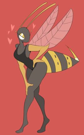 2d 2d_(artwork) black_clothing breasts bug digital_media_(artwork) female female_only grey_body heart hips idolomantises insect_wings insects long_legs medium_breasts mothmilfs pose red_background wasp