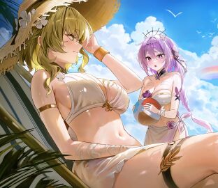 2girls absurdres aglaea_(honkai:_star_rail) alternate_costume alternate_hairstyle armlet armpit_crease ball bare_shoulders beachball bikini black_tiara blonde_hair blue_sky blush bracelet braid breast_tattoo breasts castorice_(honkai:_star_rail) cleavage closed_mouth commentary day english_commentary flower green_eyes hair_between_eyes hair_flower hair_ornament hair_ribbon hand_up hat highres holding holding_ball holding_beachball honkai:_star_rail honkai_(series) jewelry large_breasts long_hair looking_at_another looking_at_viewer low-braided_long_hair low-tied_long_hair medium_hair multiple_girls navel open_mouth outdoors pibag purple_eyes purple_hair purple_ribbon ribbon sarong sideboob sitting skirt sky smile stomach straw_hat swimsuit tattoo thigh_strap tiara white_bikini white_sarong white_skirt