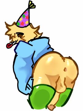 1boy anus ass back_view balls blush bottomless clothing dick erection femboy genitals humanoid irou irougaki jacket looking_at_viewer male old_art party penis poob_(regretevator) regretevator roblox roblox_game robloxian solo solo_male tagme