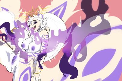 accessory anthro areola ass breasts canid canine demon fangs female fox fur genitals hair hair_accessory hair_ring half-closed_eyes halo hi_res humanoid_genitalia humanoid_pussy mammal markings multi_tail narrowed_eyes neck_tuft nipples nude open_mouth open_smile orange_background paperclipper purple_areola purple_markings purple_nipples pussy simple_background smile solo spread_legs spreading succubus tail teeth tora_(oolongmatchatea) tuft white_body white_fur white_hair yellow_body yellow_fur