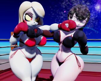 2girls 3d beach beach_boxing big_breasts big_thighs bikini black_bikini black_boxing_gloves black_gloves black_hair black_lipstick blonde_hair blue_eyes blush_stickers boxing boxing_gloves boxing_match boxing_ring breasts catfight charlie_morningstar cheek_punch crossover demon demon_girl duo female female_focus female_only fight fighting fighting_ring gloves hazbin_hotel hotel_transylvania huge_breasts josugomezofficialnew large_breasts light-skinned_female light_skin lipstick long_hair mavis_dracula outdoors pale-skinned_female pale_skin punch punching punching_face red_bikini red_boxing_gloves red_eyes red_gloves ryona saliva short_hair thick thick_hips thick_thighs thighs vampire_girl white-skinned_female white_skin wide_hips