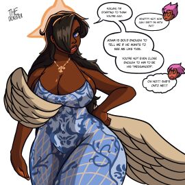 2girls african_female angel angel_girl angel_wings ass big_ass big_breasts big_butt blue_eyes breasts christian_cross crucifix dark-skinned_female dark_hair dark_skin dialogue dress eve_(the_doigster) female halo hand_on_hip hips hips_wider_than_shoulders huge_ass huge_breasts kailani_(the_doigster) orange_eyes original original_character pentagram sassy solo solo_female solo_focus the_doigster tight_clothes tight_clothing tight_fit wide_hips