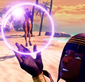 2girls animated animated_gif ass ass_shake beach big_ass black_hair crystal_ball hip_sway hips menat_(street_fighter) nude nude_female repinscourge rose_(street_fighter) smile street_fighter street_fighter_v sunset