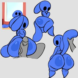 2024 anthro ass big_ass big_butt black_eyes blue_body bunny_maloney empty_eyes floppy_ears genitals grey_background hamish huamnenoughbb jean-francois long_tail male male/male male_only penis simple_background solo tagme tail unknown_species