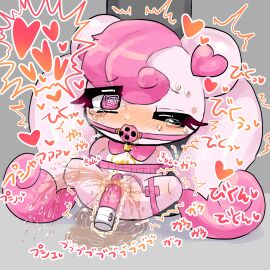 ball_gag bdsm catch!_teenieping censored chibi dialogue eromorudo female gag gagged heartsping highres japanese_text one_eye_closed pink_body pink_eyes pink_hair pink_skin pissing pussy pussy_juice spread_legs squirting symbol-shaped_pupils text twintails vibrator