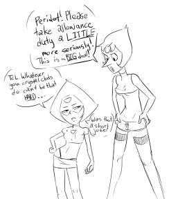 2015 2girls alternate_costume artist_request breasts cartoon_network crop_top digital_media_(artwork) english english_text female female_only gem_(species) humor line_art pearl_(steven_universe) peridot_(steven_universe) prostitution short_skirt shortstack size_difference sketch steven_universe thong thong_straps underboob