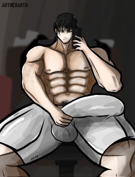 artherarts balls bara big_balls big_penis black_hair daddy dilf foreskin hairy_chest jujutsu_kaisen male male_nipples male_only male_pubic_hair masculine_male mature_male muscular muscular_male nipples nude penis pubic_hair sweat sweating toji_fushiguro uncircumcised uncut wet yaoi