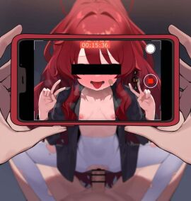 1boy ashiharatsumori_koito bandaid bandaid_on_cheek bandaid_on_face bar_censor blush breasts breath censored censored_eyes clothed_sex cowgirl_position double_v female heavy_breathing highres holding holding_phone long_hair long_sleeves looking_at_viewer male navel nipples no_pants open_clothes open_mouth pantyhose penis phone project_kv pussy recording red_eyes red_hair sex signalviolet small_breasts solo_focus spread_legs squatting_cowgirl_position straddling straight tongue tongue_out torn_clothes torn_pantyhose v vaginal_penetration very_long_hair white_pantyhose