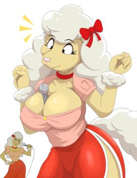 1girls 2024 2024s 2d 2d_(artwork) 2d_artwork accessory animalympics anthro between_breasts big_breasts black_eyes bow_ribbon breasts brenda_springer canid canine canis choker cleavage clothed clothing domestic_dog dress electronics female female_focus female_only fur furry furry_female hair_accessory hair_ribbon hairbow hi_res mammal microphone pink_clothing pink_nose pink_shirt pink_topwear poodle red_bow red_choker red_dress ribbons simple_background solo solo_female solo_focus tail tan_body tan_fur topwear white_background white_hair yellow_body yellow_fur zebra10045