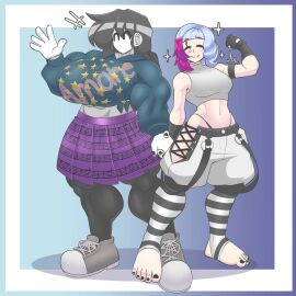 2girls abs barefoot big_breasts breast_outline breasts clothed clothed_female commission female female_focus female_only flexing flexing_arm flexing_bicep holding_hands human marie_(tag-a-long) melony_(mr_deus_vult) mime mime_girl mouthless mouthless_female multicolored_hair muscles muscles_through_clothes muscular muscular_arms muscular_female muscular_legs muscular_thighs noseless original original_art original_artwork outfit_swap tag-a-long