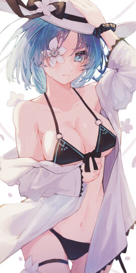 absurdres arcaea bare_shoulders bikini black_bikini black_bow black_ribbon black_scrunchie bow breasts closed_mouth commentary cowboy_shot embarrassed female flower gluteal_fold green_eyes green_hair hand_on_headwear hat hat_bow hat_ribbon highres large_breasts looking_at_viewer navel o-ring o-ring_bikini one_eye_covered open_clothes open_shirt pia_nano ribbon saya_(arcaea) scrunchie shirt short_hair solo standing sweat swimsuit thigh_strap three-quarter_sleeves white_background white_flower white_hat white_shirt wrist_scrunchie