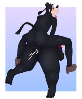 absurd_res anthro anus ass balls balls_deep big_ass big_butt bodily_fluids boolishclara bovid bovine canid canine cattle clarabelle_cow clothing cum cum_inside disney duo female from_behind_position genital_fluids genitals goofy_(disney) hi_res male male/female mammal penetration sex thick_thighs