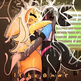 1:1 amphibian anthro antlers ass axolotl big_ears big_penis black_body black_skin blonde_hair bodily_fluids clothing crop_top cum cum_in_hair cum_on_ass cum_on_butt cum_on_face cum_on_hand cum_on_penis cum_on_self cum_on_tail deer duo erection excessive_cum excessive_genital_fluids fur genital_fluids genitals grey_hair hair heart_symbol hi_res horn hug huge_cock legwear licorice_(oxyoxyoxyox) long_hair male male/male mammal marine mole_salamander oxyoxyoxyox pattern_clothing pattern_legwear penis salamander shirt striped_clothing striped_legwear stripes t-shirt tail thigh_highs thong toffee_(oxyoxyoxyox) topwear underwear yellow_body yellow_fur