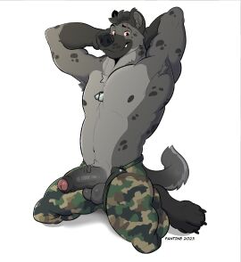 abs anthro armpit_hair arms_behind army army_outfit army_uniform balls barefoot biceps body_hair bottomwear camo camo_bottomwear camo_clothing camo_pants camo_print clothed clothing dog_tags erection eye_scar facial_scar fantine feet foreskin fur genitals grey_body grey_fur hands_behind_head hi_res humanoid_genitalia humanoid_penis hyena looking_at_viewer male male_only mammal markings masculine_male military military_clothing military_pants military_uniform muscular muscular_anthro muscular_male nipples open_bottomwear open_clothing open_pants pants pattern_bottomwear pattern_clothing pattern_pants pecs penis pose red_eyes scar seductive simple_background soldier soldier_uniform solo spots spotted_body spotted_fur spotted_hyena spread_legs spreading tail thick_arms topless topless_anthro topless_male uncircumcised uniform unzipped unzipped_pants warrior white_background zipper