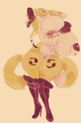 1girls 2024 anthro areola areolae areolae_slip ass big_areola big_ass big_breasts breasts canine canine_humanoid closed_eyes covering_breasts curvaceous curvy curvy_figure digimon drawfruit female female_focus furry gigantic_breasts gigantic_thighs high_heels hourglass_figure huge_breasts hyper_breasts large_breasts pasties renamon solo solo_focus tail thick_thighs top_heavy voluptuous wide_hips yellow_background yin_yang_symbol