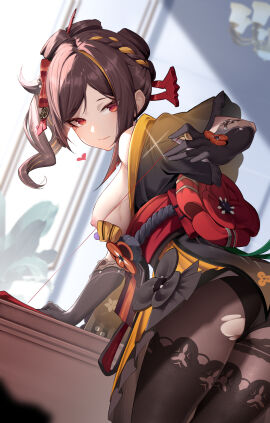 1girls absurd_res absurdres areolae arm_gloves arm_support ass bare_breasts bare_nipples black_arm_gloves black_gloves black_legwear black_pantyhose black_stockings braid braided_hair breasts brown-haired_female brown_eyebrows brown_hair chiori_(genshin_impact) dot_nose female female_focus female_only fingers genshin_impact gloves groin hair_ornament hair_ornaments high_resolution highres hourglass_figure indoor indoors leaning_forward legs legs_together legwear light-skinned_female light_skin lips long_hair looking_at_viewer looking_back medium_breasts nipples panties pantyhose parted_bangs ponytail red-eyed_female red_eyes ripped_leggings ripped_legwear ripped_pantyhose ripped_stockings shixuexiao shoulders sideboob slender_body slender_waist slim_female slim_waist smile smiling smiling_at_viewer solo standing stockings string thick_thighs thighs thin_waist upper_body v-line wide_hips window