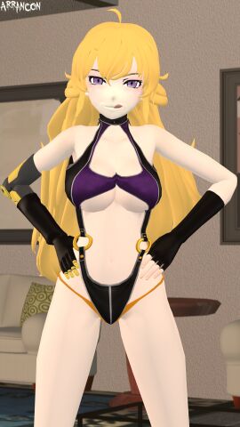 1girls 3d arrancon big_breasts blonde_hair breasts busty cleavage confident female fingerless_gloves hands_on_hips hi_res large_breasts legs licking_lips lingerie naughty_face navel pose posing purple_eyes rwby smile thighs tongue tongue_out underboob voluptuous yang_xiao_long