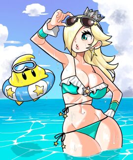 2023 big_breasts bikini black_eyes blonde_hair blue_bikini blue_eyes breasts cleavage earrings female female_focus goggles_on_head hair_over_one_eye innertube luma male mario_(series) n_k_m nintendo princess_rosalina sunglasses sunglasses_on_forehead thick_thighs thighs water wide_hips
