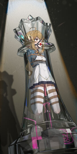 absurdres ahoge arms_behind_back ball_gag bondage bound breasts brown_eyes brown_hair dildo dress frogtie gag gag_harness gagged highres long_hair monica_everett object_insertion pussy_juice restrained sex_machine sex_toy shibari_over_clothes silent_witch skindentation small_breasts thighhighs vaginal_object_insertion vaginal_penetration white_thighhighs xiongmao zettai_ryouiki