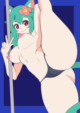 1girls breasts cat_ears female fit fit_female flexible green_hair hair_ornament happy legs_up looking_at_viewer nipples panties pole rosedoodle_(vtuber) simple_background simple_shading sketchcolor smiling_at_viewer solo spread_legs stevechopz stripper_pole tail thick_thighs topless v vchiban virtual_youtuber