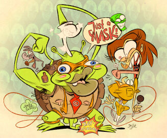 april_o'neil armpit_hair asinus balls body_hair breasts donkey donkey_(shrek) dreamworks duo eddie_murphy equid equine female genitals green_body green_eyes human male mammal michael_bay michelangelo_(tmnt) musk necktie nipples open_mouth penis reptile scalie shrek_(series) teenage_mutant_ninja_turtles text the_mask the_mask_(character) themrock turtle what