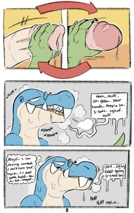 absurd_res alligator alligatorid anthro balls blush bodily_fluids clothed clothing comic crocodile crocodilian crocodylid digital_media_(artwork) duo english_text erection foreskin genital_fluids genitals green_body handjob hi_res male male/male mammal nude penile penis reptile scales scalie sex simple_background smile sodacaps tail teeth text uncircumcised