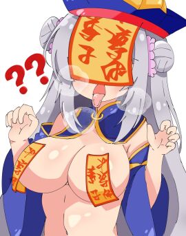 ?? breasts covered_face double_bun female grey_hair halloween heavy_breathing jiangshi large_breasts talisman talisman_pasties tongue tongue_out