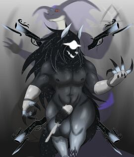 absurd_res anthro balls banewolf_(covenant) big_balls big_penis canid canine canis curvy_figure cybernetics cyborg genitals ghost glowing hi_res huge_balls machine male mammal mane muscular nipples pecs penis spirit starry_patterns taken taketzu thick_thighs voluptuous weapon wolf