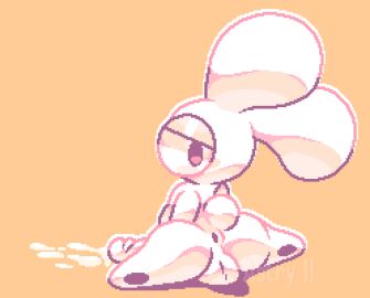 anthro anus astryphied backsack balls ballsack big_penis bodily_fluids cum cum_on_ground digital_media_(artwork) ejaculation flexible genital_fluids genitals hi_res humanoid_genitalia humanoid_penis lagomorph leporid looking_at_viewer looking_back looking_back_at_viewer male male_only mammal penis pixel_(artwork) pixel_art rabbit simple_background sitting solo splits spread_legs spreading