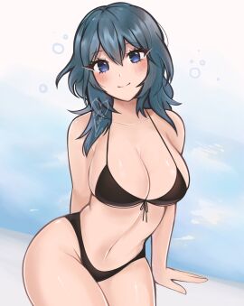 1girls alternate_costume arm_support bare_shoulders bikini black_bikini black_swimsuit blue_eyes blue_hair breasts byleth_(fire_emblem) byleth_(fire_emblem)_(female) cleavage female female_only fire_emblem fire_emblem:_three_houses groin highres large_breasts long_hair looking_at_viewer navel nintendo purrlucii sitting smile solo stomach swimsuit thighs underboob