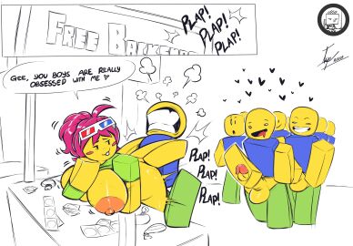 1girls 3d_glasses angrydiaper123 blocky_body blushing chloe_(angrydiaper123) condom female green_t-shirt heart heart_symbol ierdnadx line lined_up madpaper male multiple_boys multiple_males noob noob_(roblox) pink_hair plap plapping roblox roblox_avatar robloxian speech_bubble stand tagme watermark yellow_skin