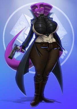 absurd_res anthro artdemonslair ass big_ass big_breasts breasts cloak clothed clothed_anthro clothing cobra curvy_anthro curvy_female curvy_figure digital_media_(artwork) evil evil_smile female gun hi_res huge_ass huge_breasts larger_female looking_at_viewer purple_body ranged_weapon reptile scalie simple_background smile snake snake_girl snake_hood snake_humanoid snake_tail solo standing suit tail taller_female thick_thighs tight_clothing weapon wide_hips yellow_eyes zmeyuka_dh_(character)