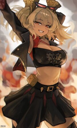 1girls absurdres arms_up belt belt_buckle black_belt black_shirt black_skirt black_thighhighs breasts brown_hair buckle burnice_white cleavage commentary crop_top english_commentary eyewear_on_head female highres large_breasts looking_at_viewer m3ru navel pectorals red_eyes shirt skirt smile solo standing thighhighs zenless_zone_zero