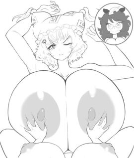 2girls angry angry_expression annoyed annoyed_expression big_breasts black_and_white breast_grab breast_squeeze breasts erect_nipples female female/female female_on_female female_only female_pov fox_ears fox_girl glasses huge_breasts large_breasts lesbian mamizou_futatsuiwa mob_cap nipples nude nude_female puffy_nipples ran_yakumo solo_female tanuki tanuki_ears tanuki_girl tanuki_leaf thanuki thanukiart touhou yuri