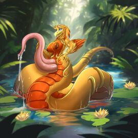 1:1 1futa 2024 amara_(windborn) animal_genitalia anthro anthro_only apode avian beak big_breasts bird bodily_fluids breasts cum cum_drip detailed_background draconcopode dripping feathers futa_only futanari genital_fluids genital_slit genitals gold_(metal) gold_jewelry helaviskrew hi_res holding_own_penis holding_penis hybrid intersex jewelry lamia legless lily_pad naga nipples nude open_beak open_mouth orange_body orange_feathers orange_scales outside penis plant reptile scales scalie serpentine snake snake_futa solo split_form water windborn