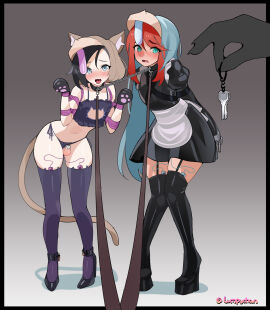 1boy absurdres animal_hands animegao armbinder arms_behind_back bi_domination bikini black_hair bondage boots bound bound_arms bound_together cat_lingerie chastity_cage chastity_device collar cosplay cute_fang dildo_gag egg_vibrator female flat_chastity_cage flat_chest gag gag_under_mask gloves green_eyes high_heels highres key kigurumi leash locked_high_heels looking_at_object lumpychan maid male mask mask_on_head open_mouth orange_hair original paw_gloves purple_thighhighs sex_toy side-tie_bikini_bottom skindentation small_chastity_cage standing swimsuit tail thigh_boots thighhighs trap vibrator