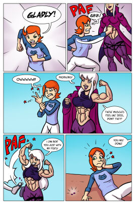 2girls abs ben_10 biceps breasts charmcaster comic comic_page english_text extreme_muscles female female_only growth gwen_tennyson hair human long_hair multiple_females multiple_girls muscle_growth muscles muscular muscular_arms muscular_female muscular_legs muscular_thighs orange_hair ritualist_(artist) text white_hair