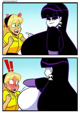 2girls alternate_version alternate_version_available anger_vein angry angry_expression angry_face atomickingboo big_breasts black_shirt blonde_female blonde_hair blush breasts breasts_bigger_than_head clothed clothing dialogue earrings female female_only goth goth_girl green_pupils hairband huge_breasts light-skinned_female light_skin lindel_dollice_quilten oc ocs original original_character original_characters queen_bee sarah_mcneil shirt shirt_lift skull_earrings text the_besties_(atomickingboo) white-skinned_female white_skin yellow_shirt