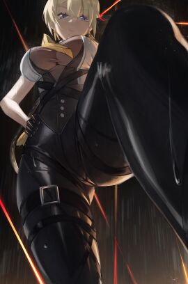 absurdres aozora_1051 black_background black_gloves blonde_hair breasts chest_harness closed_mouth earrings evelyn_chevalier expressionless female from_below gloves hand_on_own_hip harness high-waist_pants highres jewelry large_breasts looking_at_viewer necktie pants purple_eyes rain see-through_cleavage see-through_clothes shirt sleeveless sleeveless_shirt solo standing tight_clothes tight_pants wet white_shirt yellow_necktie zenless_zone_zero