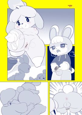 3_toes 4_fingers 5_fingers animal_crossing anus balls blush bottomless bottomless_male breasts breath canid canine canis censored censored_genitalia censored_penis censored_pussy closed_eyes clothed clothing comic domestic_dog duo erection feet female fingers flaccid foreskin genitals hair half-closed_eyes happy holding_own_penis humanoid_genitalia humanoid_penis isabelle_(animal_crossing) japanese_description lagomorph leporid looking_pleasured male male/female mammal mostly_nude_female narrowed_eyes nintendo nipples nude nude_female nude_male open_mouth pawpads penis pussy rabbit sasha_(animal_crossing) small_penis speechless tail toes uncircumcised undressing_self woory