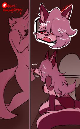 anthro ass bathroom bathroom_stall big_breasts blowjob breast_play breasts demon duo female furry furry_ass furry_breasts furry_female glory_hole grabbing_own_breast grey_body grey_fur grey_hair hand_on_own_breast hellhound helluva_boss hi_res knot legs long_hair looking_pleasured loona_(helluva_boss) male male/female multicolored_body multicolored_fur mythological_canine mythological_creature mythology naholadydragon naked_male nipples no_bra nude nude_male on_knees oral red_eyes red_sclera shorts thick_thighs topless_female two-tone_body two-tone_fur white_body white_eyes white_fur white_pupils wolf wolf_ears wolf_girl wolf_tail