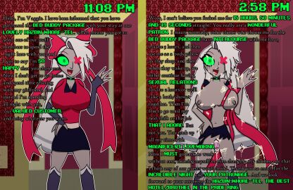 before_and_after bow brainwashed breasts covered_in_cum cum cum_in_mouth cum_in_pussy cum_on_body cum_on_breasts cum_on_face dildo hazbin_hotel hypnosis messy_hair mind_control ribbon runny_makeup tcross text torn_clothes torn_clothing vaggie_(hazbin_hotel)