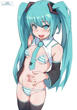 1girls aqua_eyes aqua_hair arm_sleeves bikini blush breasts collar_shirt covered_nipples crop_top female female_only flat_chest hatsune_miku hatsune_miku_(collared_bikini) hi_res jackrockhardt long_hair long_twintails looking_at_viewer necktie open_mouth small_breasts smiling smiling_at_viewer solo striped_bikini striped_underwear thighhighs tie twintails vocaloid white_background young
