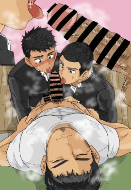 3boys age_difference balls beard_stubble big_penis big_penis_adoration black_hair blackboard blowjob blush blushing_profusely bottomless brown_eyes buzz_cut censor_bar censored censored_penis chalkboard classroom closed_eyes dark_penis embarrassed enjoying erection fellatio foreskin foreskin_folds gakuran gay grey_eyes hand_on_waist hi_res high-angle_view holding_penis huge_cock imokuma leaning_back licking licking_penis long_penis looking_pleasured looking_up male male/male male_only mature_male oral oral_sex original original_character p.e._teacher pants_down penis penis_awe pink_glans pointless_censoring pubic_hair retracted_foreskin saliva saliva_trail school school_uniform sex short_hair smile smirk standing steam steaming_body steamy_penis student sweat sweatdrop teacher teacher_and_student thick_eyebrows thick_penis threesome tight_clothing tiled_floor tongue_out uncircumcised uncut veiny_penis yaoi zoom_in