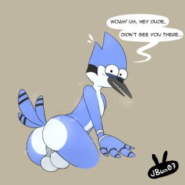 1:1 2024 4_fingers anthro ass avian backsack balls ballsack beak big_balls biped bird black_beak blue_body blue_tail_feathers blush bodily_fluids cartoon_network corvid dialogue english_text exclamation_point feathers fingers genitals jay_(bird) jbun07 looking_at_viewer male male_only mordecai_(regular_show) multicolored_body musky_butt nervous_smile nervous_sweat new_world_jay non-mammal_balls nude open_beak open_mouth oscine passerine rear_view regular_show signature simple_background solo speech_bubble surprised_expression sweat sweatdrop tail tail_feathers tan_background teeth text two-tone_body white_balls white_body white_butt