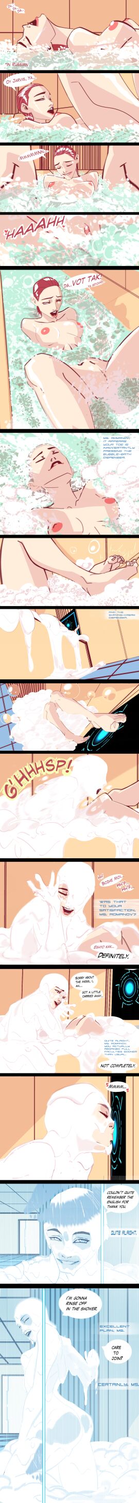 ass bath batnipsforever black_widow_(marvel) breasts comic female jarvis kissing lipstick marvel marvel_comics